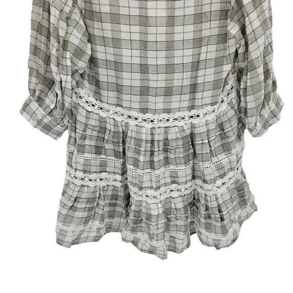 Free People Top Tunic Tiered Ruffle Lace Puff Sleeve Oversized Plaid Gray Sz XS - Picture 11 of 15